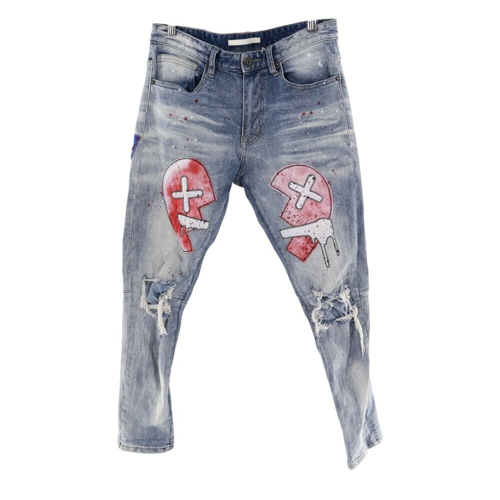 KLoud9‎ Skinny Ripped Broken Heart Jeans Men's 32/30 Blue Streetwear Alt Grunge